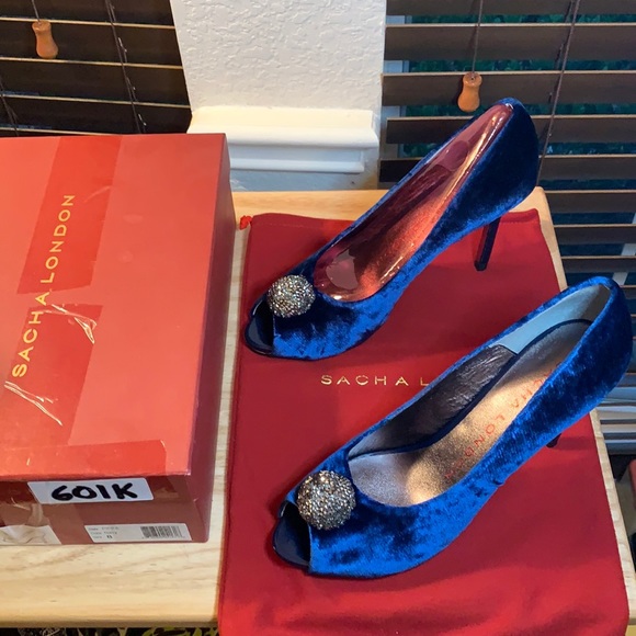 Sacha London Pippa Navy Velvet Peep Toe Heels 💙 - Picture 2 of 8